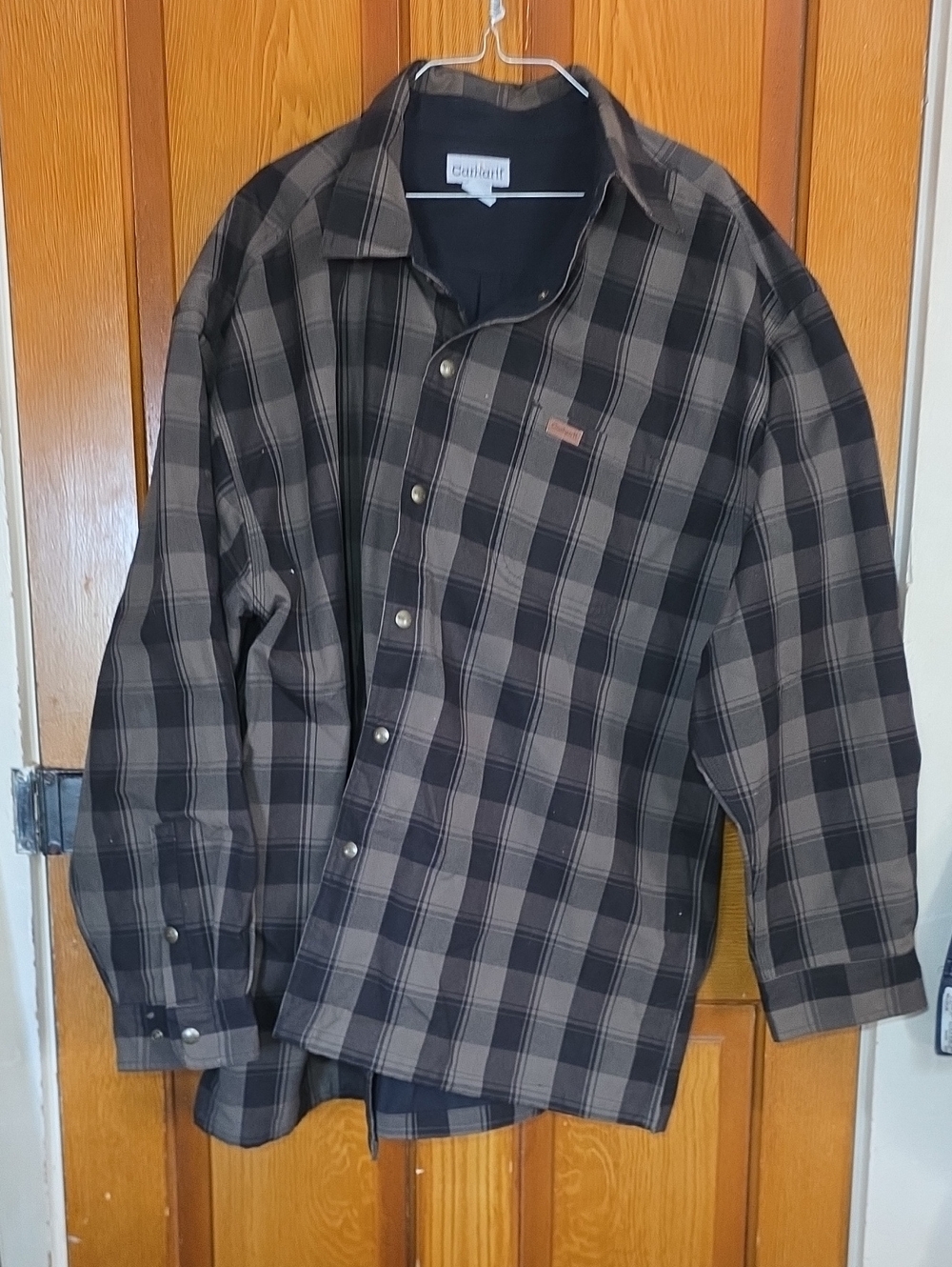 Carhartt Men's Green and Brown Plaid Button-Down Oversized Work Shirt